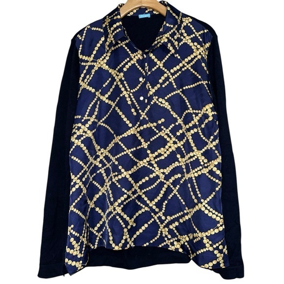 J. McLaughlin Sweaters - J. McLaughlin Women’s Size L Navy Blue Gold Silk Front Sweater Back Shirt Top